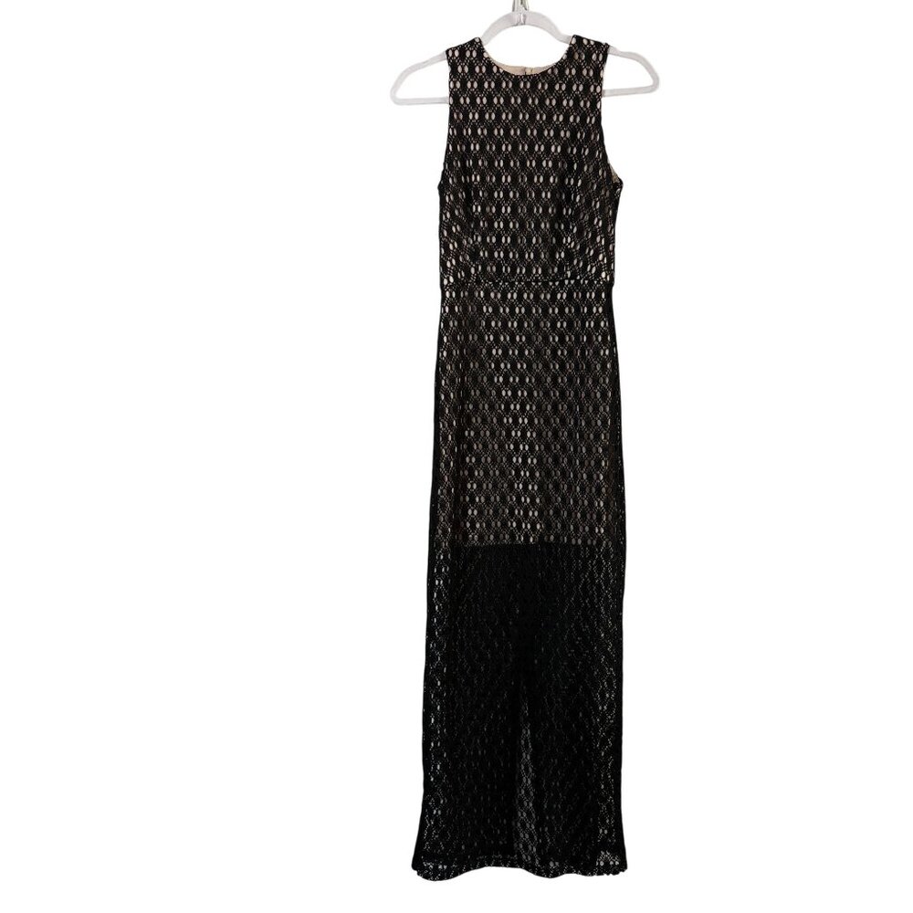 Shona Joy Crochet Lace Maxi Dress Size 6 Black Cut Out Sleeveless‎ Slit Gown